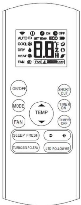 AUTO SET TEMP. ECO COOL 8.8°F DRY HEAT FAN FAN AUTO ON/OFF MODE FAN SHORT CUT TIMER ON TIMER OFF TEMP SLEEP FRESH TURBOSELFOLEAN LED FOLLOWME