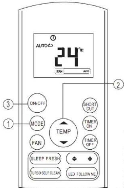 AUTO 24°C FAN AUTO ① ② ③ ON/OFF SHORT CUT MODE TIMER ON FAN TIMER OFF TEMP SLEEP FRESH TURBO SELF CLEAN LED FOLLOW ME