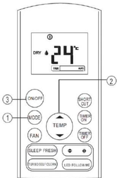 DRY 24°C FAN AUTO ON/OFF MODE FAN TEMP SHORT CUT TIMER ON TIMER OFF SLEEP FRESH TURBO SELF CLEAN LED FOLLOW ME
