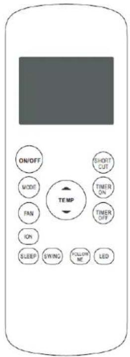 ON/OFF MODE FAN ION SLEEP SWING FOLLOW ME LED TEMP SHORT CUT TIMER ON TIMER OFF