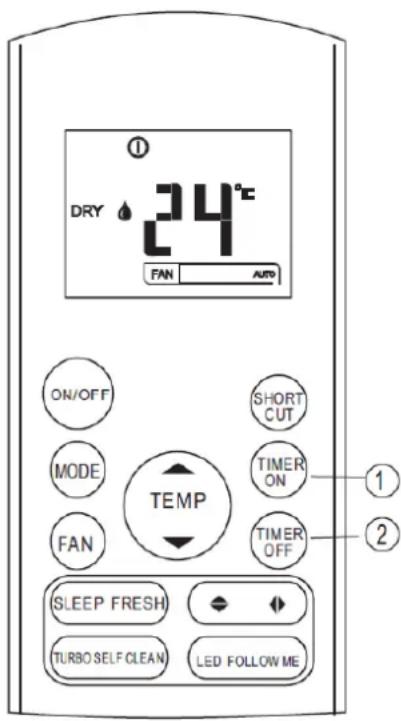 DRY 24°C FAN AUTO ON/OFF MODE FAN TEMP SHORT CUT TIMER ON TIMER OFF (SLEEP FRESH) TURBO SELF CLEAN LED FOLLOW ME
