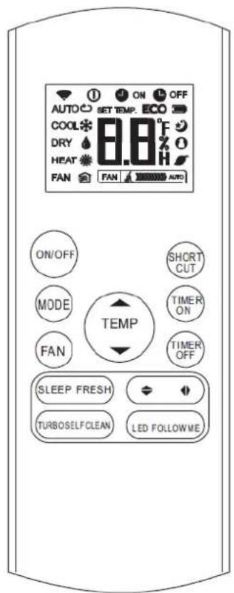 AUTO SET TEMP. ECO COOL DRY 6.8°F HEAT FAN FAN AUTO ON/OFF SHORT CUT MODE TIMER ON FAN TIMER OFF TEMP SLEEP FRESH LED FOLLOWME TURBOSELF CLEAN
