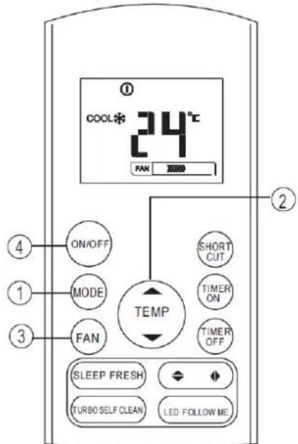 COOL* 34°C FAN ① ② ④ ON/OFF ① MODE ③ FAN SHORT CUT TIMER ON TIMER OFF TEMP SLEEP FRESH TURBO SELF CLEAN LED FOLLOW ME