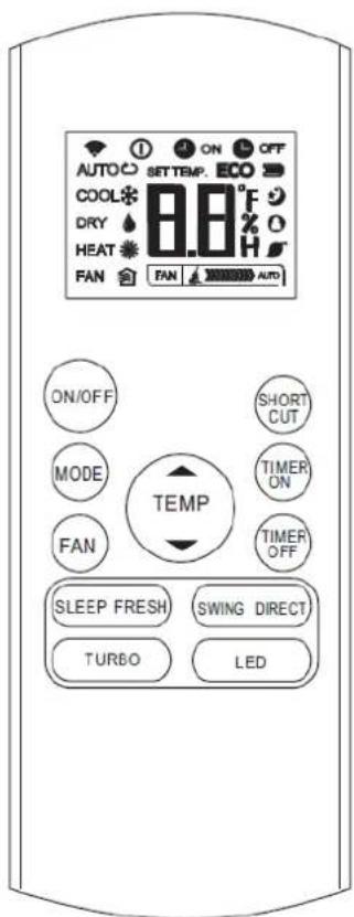 AUTO ON OFF SETTEMP. ECO COOL 8.8°F DRY HEAT FAN FAN AUTO ON/OFF SHORT CUT MODE TIMER FAN ON TEMP TIMER OFF SLEEP FRESH SWING DIRECT TURBO LED