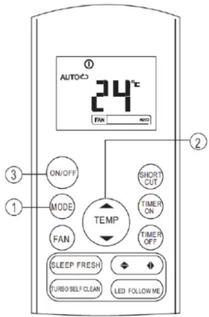 AUTO 24°C FAN AUTO ① ② ③ ON/OFF SHORT CUT MODE TIMER ON FAN TIMER OFF TEMP SLEEP FRESH ◆ ◆ TURBO SELF CLEAN LED FOLLOW ME