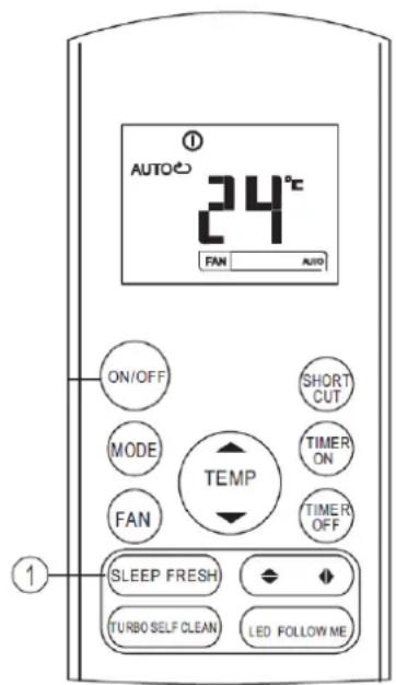 AUTO 24°C FAN AUTO ON/OFF SHORT CUT MODE TIMER ON FAN TIMER OFF TEMP SLEEP FRESH TURBO SELF CLEAN LED FOLLOW ME ①