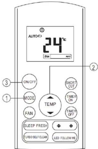 AUTOES 24°C FAN AUTO ON/OFF MODE FAN TEMP SHORT CUT TIMER ON TIMER OFF SLEEP FRESH TURBO SELF CLEAN LED FOLLOW ME ① ② ③ ①