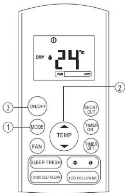 DRY 24°C FAN AUTO ON/OFF MODE FAN TEMP SHORT CUT TIMER ON TIMER OFF SLEEP FRESH TURBO SELF CLEAN LED FOLLOW ME