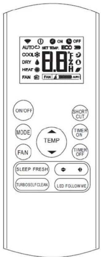 AUTO SET TEMP. OFF COOL 8.8°F DRY HEAT FAN FAN AUTO ON/OFF SHORT MODE TIMER ON FAN TIMER OFF TEMP SLEEP FRESH LED FOLLOWME TURBOSELFCLEAN