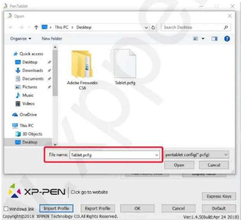 PenTablet Open This PC > Desktop Search Desktop Organize New folder Quick access Desktop Downloads Documents Pictures Music Videos OneDrive This PC 3D Objects Desktop Adobe Fireworks CS6 Tablet.pcfg File name: Tablet.pcfg pentablet config(*.pcfg) Open Cancel XP-PEN Click go to website Express Keys Windows Ink Import Profile Export Profile OK Cancel Default Copyright©2018 XPEN Technology CO.All Rights Reserved. Ver:1.4.5(Build:Apr 24 2018)