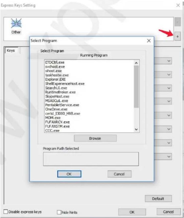 Express Keys Setting Other Select Program Keys Select Program Running Program ETDCtrl.exe svchost.exe shost.exe taskhostw.exe Explorer.EXE ShellExperienceHost.exe SearchUI.exe RuntimeBroker.exe SkypeHost.exe MSASCuL.exe PentabletService.exe OneDrive.exe certd_I3000_HXB.exe MOM.exe FUFAXRCV.exe FUFAXSTM.exe CCC.exe Browse Program Path Selected OK Cancel Default Disable express keys Hide hints OK Cancel