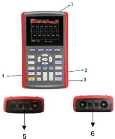 Diagram of a digital oscilloscope with labeled parts including display, control buttons, and indicator lights
