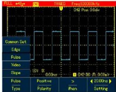 FULL TRIGED Freq10000kHz CH2 Post 0.00V Common Set Edge Pulse Video Slope 10V 1K 0.00ns +42.00 Ω 0.00V Pulse Type Positive Polarity > When Setting 20.00ns