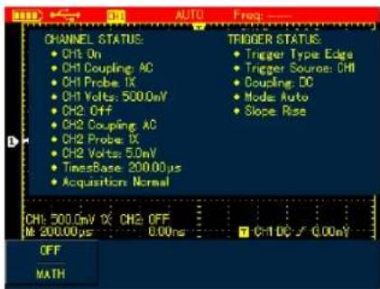 CHANNEL STATUS: • CHI On • CHI Coupling: AC • CHI Probe: IX • CHI Volts: 500.0mV • CH2 Off • CH2 Coupling: AC • CH2 Probe: IX • CH2 Volts: 5.0mV • TimesBase: 200.00µs • Acquisition Normal TRIGGER STATUS: • Trigger Type Edge • Trigger Source: CHI • Coupling: DC • Mode: Auto • Slope: Rise CHI: 500.0mV X CH2: OFF M: 200.00µs 0.00ns C-1 DC / 0.00nY OFF MATH