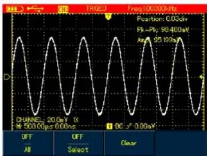 TRIGED Freq100300Hz Position: 0.00dV Pk=Pk: 98480mV Am: 95189mV CHANNEL: 20.0mV IX H: 500.00μs 0.00ns DC √ 0.00mV OFF All OFF Select Clear