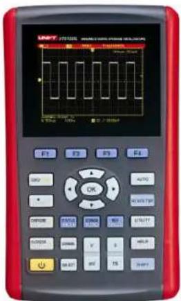 Red digital oscilloscope interface with waveform display and control buttons
