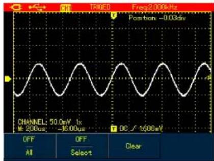 TRIGED Freq2.000Hz Position: -0.03div CHANNEL: 50.0mV 1x M: 200us; -16.00us DC √ 1600mV OFF All OFF Select Clear