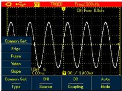 TRIGED Freq1000kHz CHI Pos: 0.0dv Common Set Edge Pulse Video Slope 10mV 1k 0.00mV DC ~ 2.400mV Common Set Type CHI Source DC Coupling Auto Mode