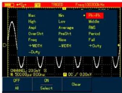 MAX High Aspl OverSht Freq +WIDTH -Duty MIN Low Average PreSht Rise -WOTH Pk-Pk Middle RMS Period Fall +Duty CHANNEL: 20.0mV 1K M: 500.00μs 0.00ms DC √ 0.00mV OFF All ON Select Clear