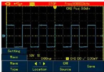 STOP Freq10000kHz CH2 Pos 0.00µV Setting Wave 10V 1K 600ns 8Hz D0 √ 0.00mV Wave Type Location CHI Source Save