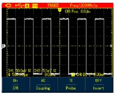 TRIQUED Freq:100999Hz ON Pos: 0.0div CH1 50.0W/1K CH2 5.0W/1K CH3 0.0W On AC 1X Off CH1 Coupling Probe Invert