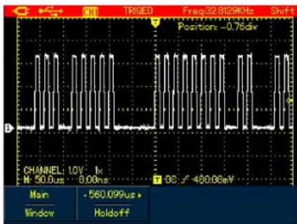 TRIGED Freq32 8129KHz Shift+ Positions: -0.76div CHANNEL: 10V 1k H: 50.0us 0.00ns DC: -400.00mV Main Window -560.099us > Holdoff