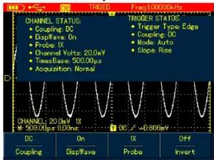 TRIGED Freq100000kHz CHANNEL STATUS: • Coupling: DC • DispWave: On • Probe: IX • Channel Volts: 20.0mV • TimesBase: 500.00µs • Acquisition: Normal TRIGGER STATUS: • Trigger Type: Edge • Coupling: DC • Mode: Auto • Slope: Rise CHANNEL: 20.0mV 1X M: 500.00µs 8.00ms DC Coupling On DispWave IX Probe Off Invert