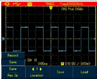 TRIOE Freq100000kHz CH2 Pos 0.00mV Record Save Save Rec Op 10V 1K 0.00ns CH2 DO √0.00mV Location Save Load