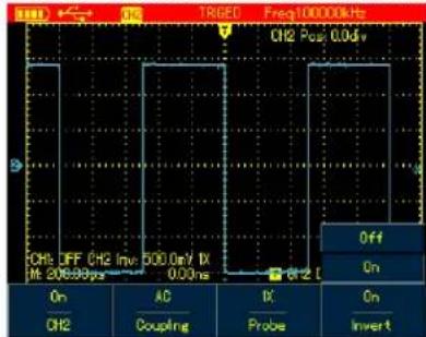 TRIGED Freq100000kHz CH2 Pos 0.00V CH2 OFF CH2 Inv 500.0mV IX M: 20638ps 0.00ns On AC On CH2 Coupling Probe Invert Off