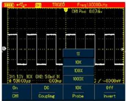 TRIOED Freq100000Hz CHI Pos: 0.07div CHI: 10V 10X CHI: 50mV 1K C:0ns On DC 10X Off CHI Coupling Probe Invert