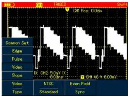 CHI TRIBED CHI Pos: 0.0div Shift Common Set Edge Pulse Video Slope 1X CH2 5.0mV 1X 0.00ns CHI AC ¥ 0.00mV Video Type NTSC Standard Even Field Sync