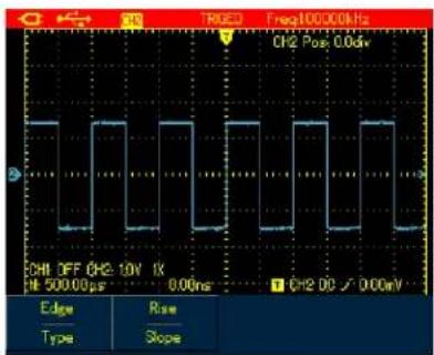 TREO Freq100000Hz CH2 Pos: 0.04V CHI OFF CH2: 10V 1K H: 500.00 ps 0.00ns CH2 DC / 0.00mV Edge Rise Type Slope