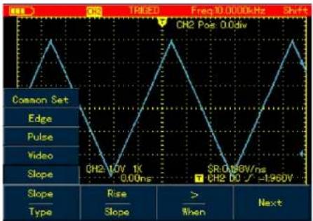 TRIQUED Freq 10.0000kHz CH2 Pos: 0.0div Common Set Edge Pulse Video Slope CH2.0V 1K -0.00ns SR-0.056W/ns CH2.00 √ -1960V Slope Type Rise Slope > When Next