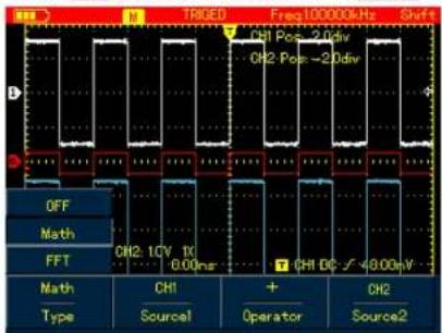 TRIGED Freq100000kHz Shift CH1 Pos = 2.0div CH2 Pos = -2.0div OFF Math FFT CH2.1CV.1C 0.00ns CH1 DC √ <8.00mV Math Type CH1 Source1 + Operator CH2 Source2