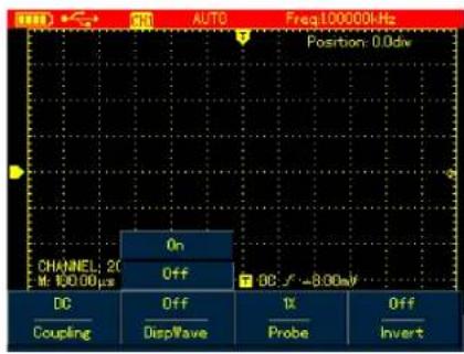 AUTO Freq100000kHz Position: 0.0div On Off DC Coupling DispWave 1X Probe Off Invert CHANNEL: 20 M: 100.00µs DC: -8.00mV