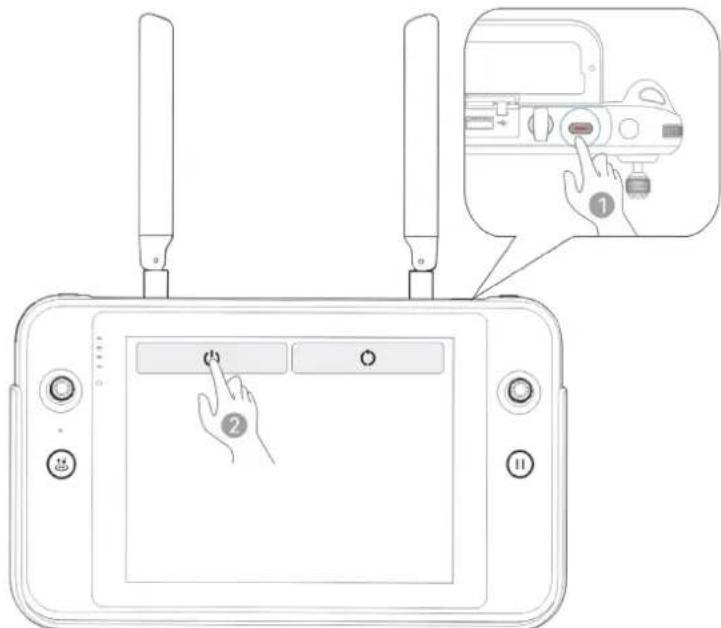 Diagram of a device with labeled buttons and a hand pressing a button, showing a close-up of the right-hand interface.