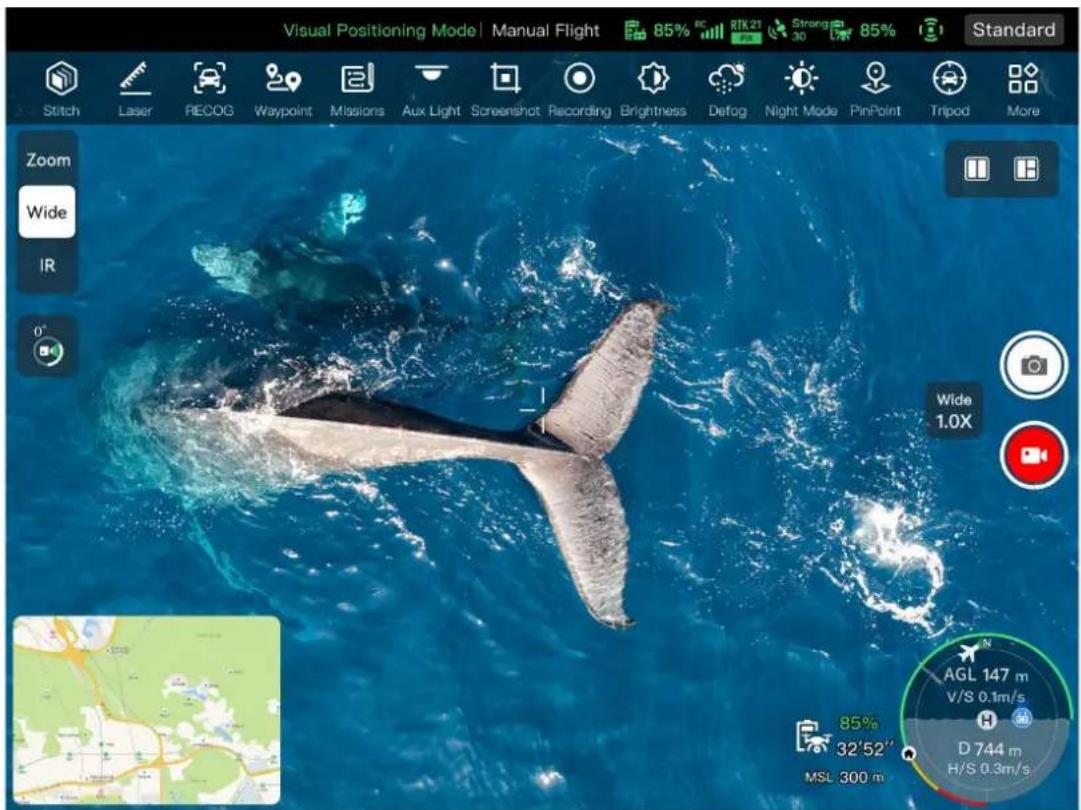 Visual Positioning Mode | Manual Flight 85% RC RTK 21 Strong 85% Standard Stitch Laser RECOG Waypoint Missions Aux Light Screenshot Recording Brightness Defog Night Mode PinPoint Tripod More Zoom Wide IR 0° Wide 1.0X AGL 147 m V/S 0.1m/s D 744 m H/S 0.3m/s 85% 32'52" MSL 300 m