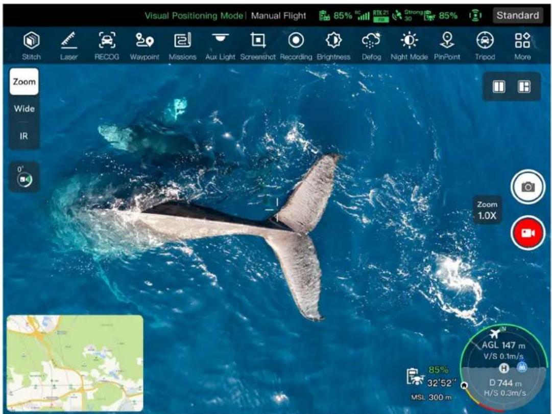 Visual Positioning Mode | Manual Flight 85% RC RTK 21 Strong 85% Standard Stitch Laser RECOG Waypoint Missions Aux Light Screenshot Recording Brightness Defog Night Mode PinPoint Tripod More Zoom Wide IR 0° Zoom 1.0X Zoom 1.0X AGL 147 m V/S 0.1m/s D 744 m H/S 0.3m/s 85% 32'52" MSL 300 m