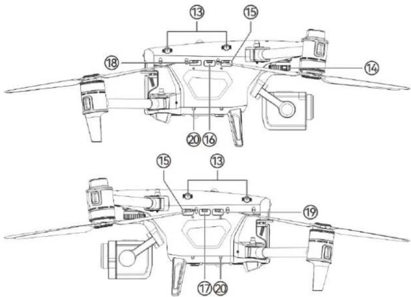 Technical diagram of a quadcopter drone with numbered parts for identification and assembly reference.