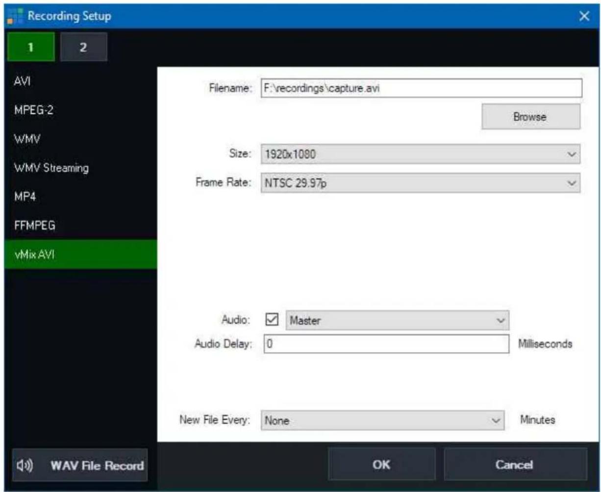 Recording Setup 1 2 AVI MPEG-2 WMV WMV Streaming MP4 FFMPEG vMix AVI Filename: F:\recordings\capture.avi Browse Size: 1920x1080 Frame Rate: NTSC 29.97p Audio: Master Audio Delay: 0 Milliseconds New File Every: None Minutes WAV File Record OK Cancel