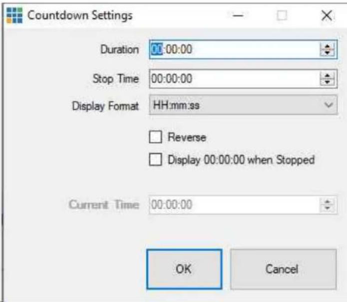 Countdown Settings Duration 00:00:00 Stop Time 00:00:00 Display Format HH:mm:ss Reverse Display 00:00:00 when Stopped Current Time 00:00:00 OK Cancel