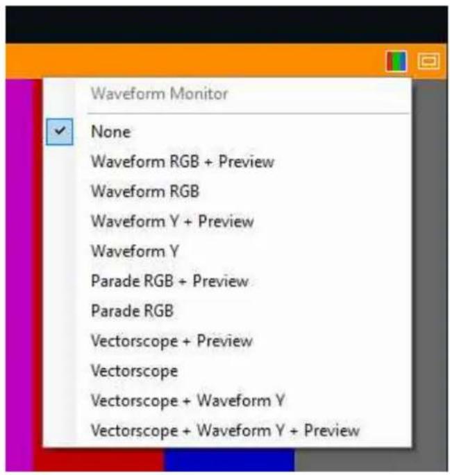Waveform Monitor None Waveform RGB + Preview Waveform RGB Waveform Y + Preview Waveform Y Parade RGB + Preview Parade RGB Vectorscope + Preview Vectorscope Vectorscope + Waveform Y Vectorscope + Waveform Y + Preview