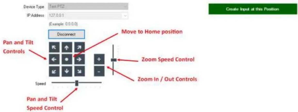 Device Type Test PTZ IP Address 127.0.9.1 Example: 0.0.0.0 Create Input at this Position Pan and Tilt Controls Disconnect Move to Home position ← ↑ → + ← • → + ← ↓ → - Zoom Speed Control Zoom In / Out Controls Speed Pan and Tilt Speed Control