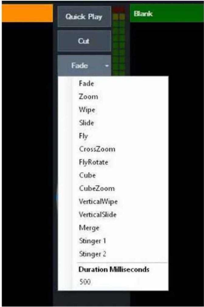 Quick Play Cut Fade Fade Zoom Wipe Slide Fly CrossZoom FlyRotate Cube CubeZoom VerticalWipe VerticalSlide Merge Stinger 1 Stinger 2 Duration Milliseconds 500