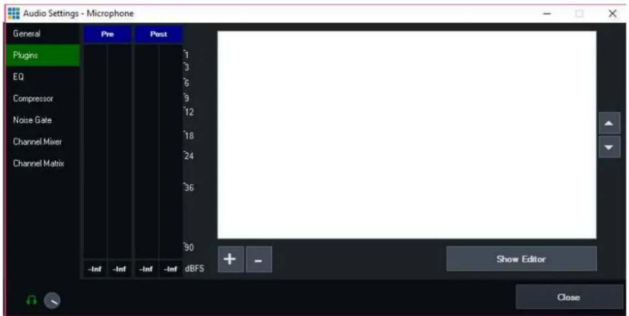 Audio Settings - Microphone General Pre Post Plugins EQ Compressor Noise Gate Channel Mixer Channel Matrix -Inf -Inf -Inf -Inf dBFS 1 3 6 9 12 18 24 36 90 Show Editor Close