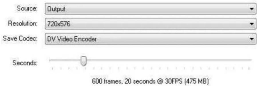 Source: Output Resolution: 720x576 Save Codec: DV Video Encoder Seconds: 600 frames, 20 seconds @ 30FPS (475 MB)