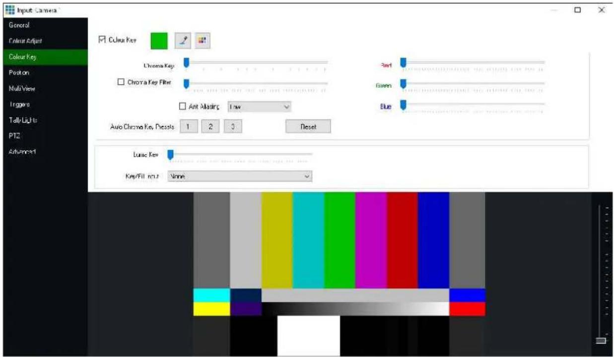 Input Camera General Colour Adjust Colour Key Position Multi View Trigger Tally Light PTZ Advanced Colour Key Chrome Key Chroma Key Filter Ant Alasing Low Auto Chrome Key, Pressls 1 2 3 Reset Lentic Key Key/Fill input None