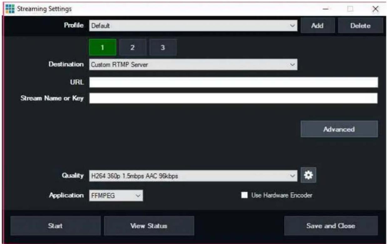 Streaming Settings Profile Default Add Delete 1 2 3 Destination Custom RTMP Server URL Stream Name or Key Advanced Quality H264 360p 1.5mbps AAC 96kbps Application FFMPEG Use Hardware Encoder Start View Status Save and Close