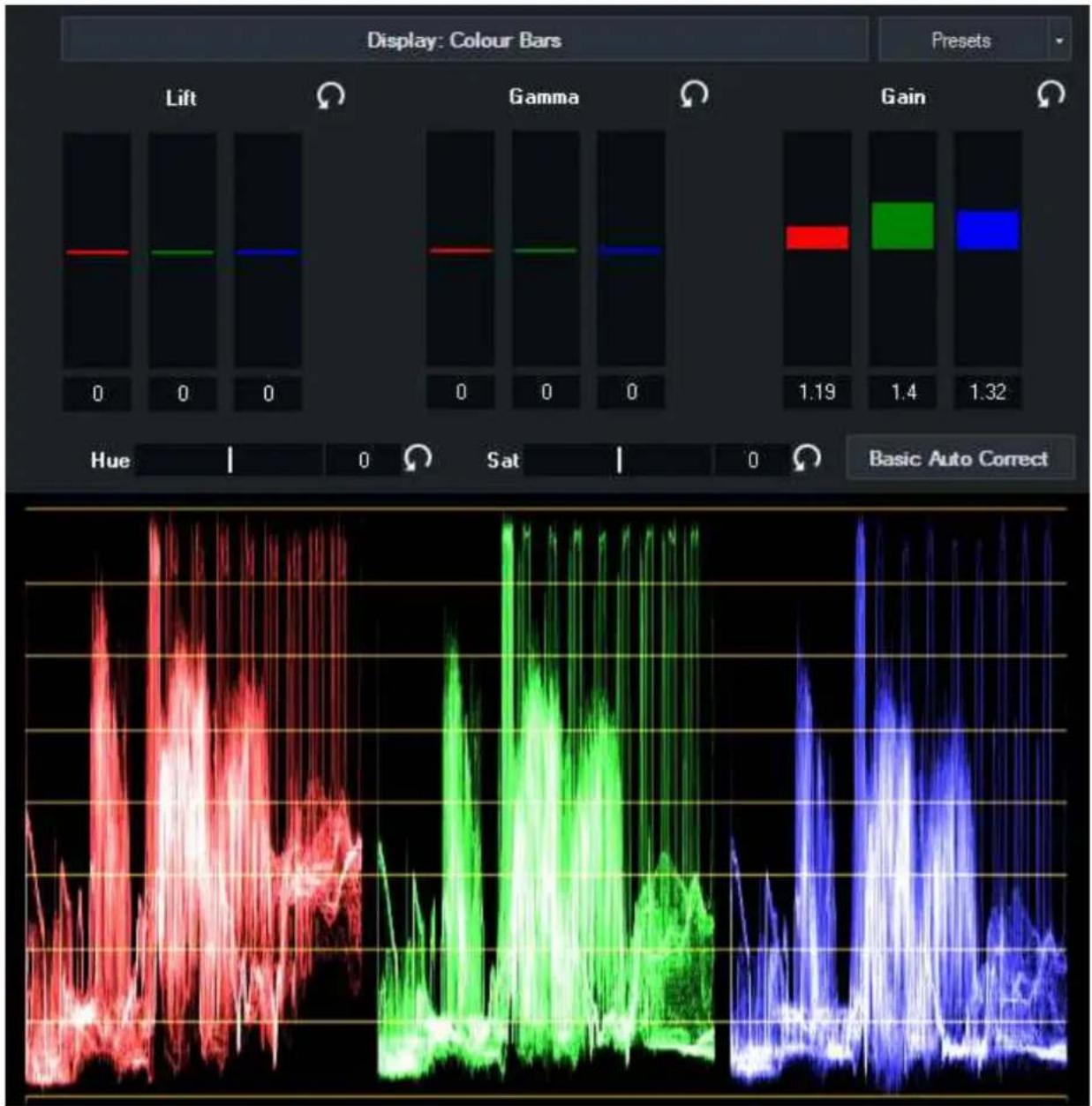 Display: Colour Bars Presets Lift Gamma Gain 1.19 1.4 1.32 Hue | 0 Sat | 0 Basic Auto Correct