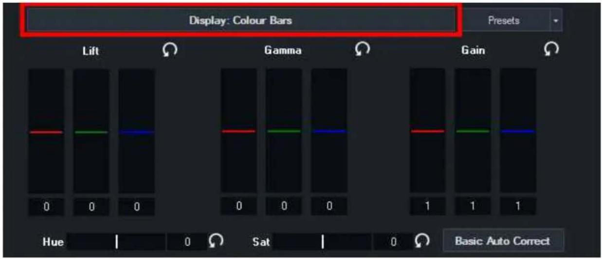 Display: Colour Bars Presets Lift Gamma Gain 0 0 0 0 0 0 1 1 1 Hue | 0 Sat | 0 Basic Auto Correct